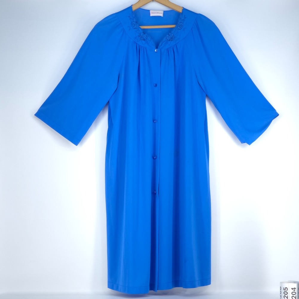Shadowline Petals Robe Women's Medium Blue Nylon Floral Embroidered Cottagecore